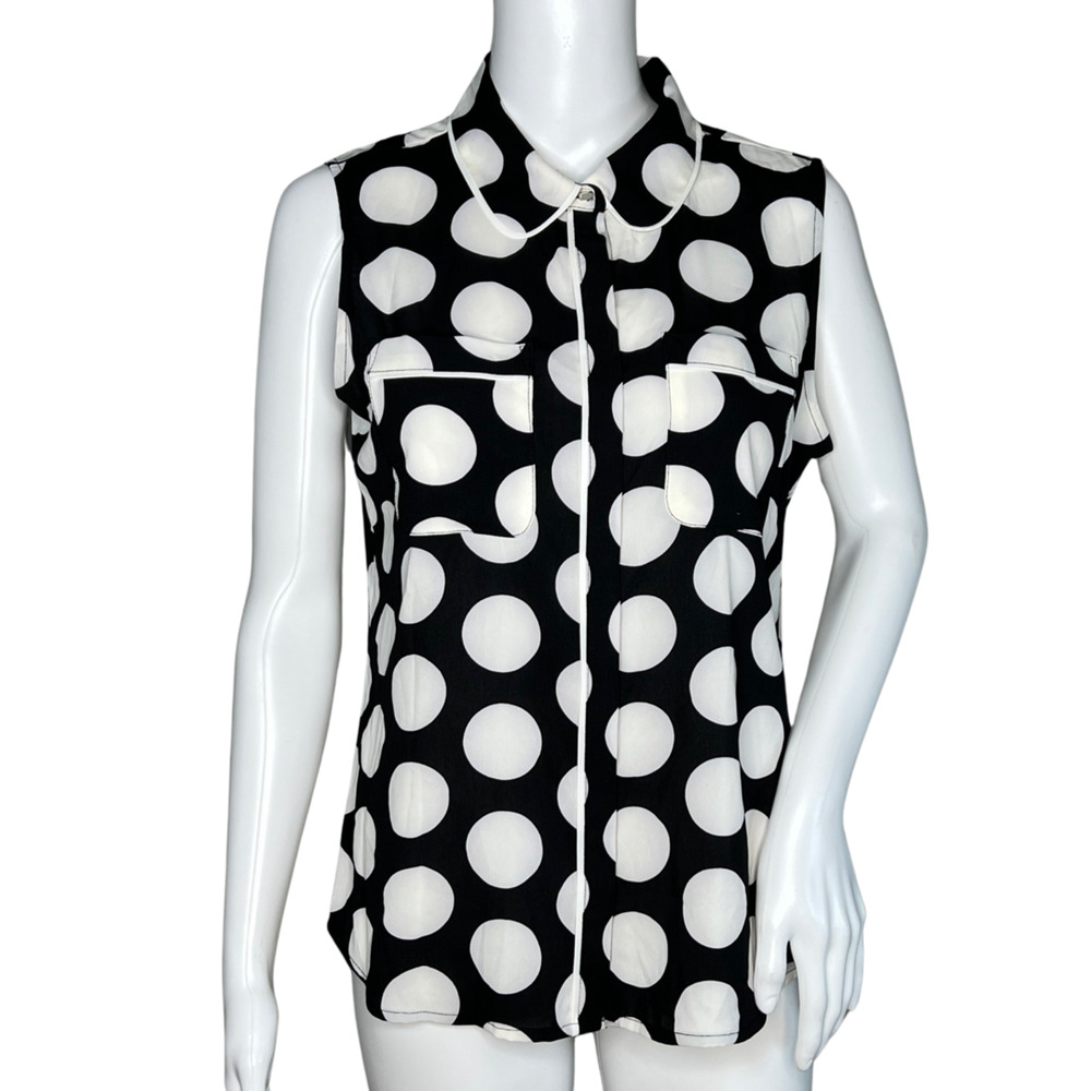 Calvin Klein Small Black White Polka Dot Sleeveless Blouse Office Modern Classic